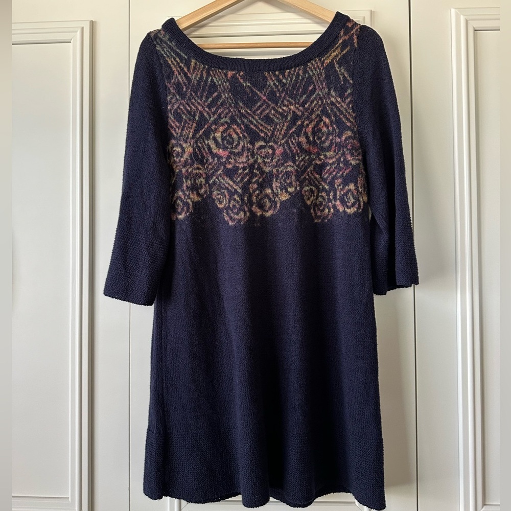 Free People Navy Floral Sweater Mini Dress, Size M - Picture 2 of 8